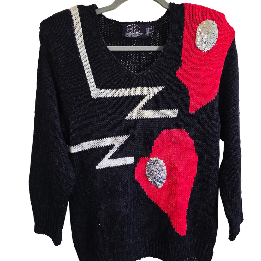 David Brett Sweater Womens L Black Red Novelty 80s Sequin Abstract Linen Cotton
